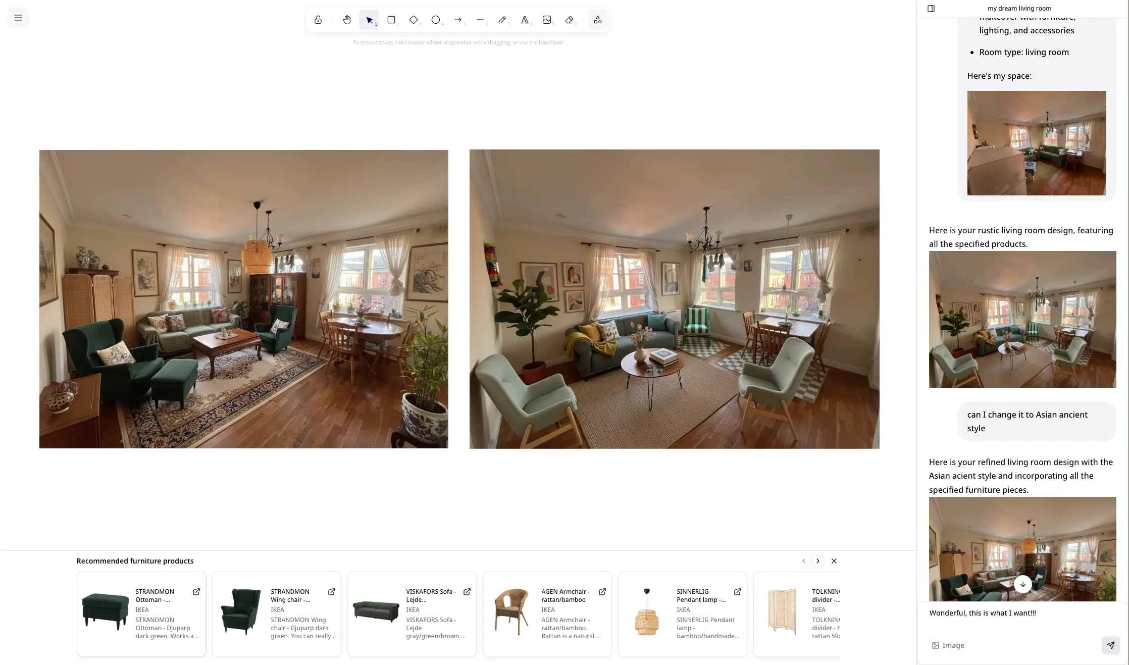 Ruumix AI interior design software interface, demonstrating virtual room visualization, side-by-side design comparison, conversational chat, and recommended furniture products with direct links.